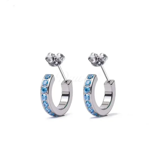 Daweys DSES004 Titanium Half-Hoop Earrings with Blue Gemstones, Hypoallergenic Piercing Jewelry