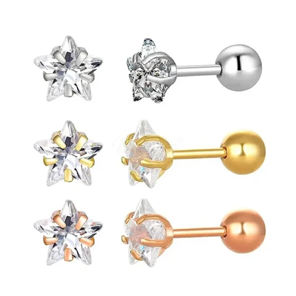 Daweys DSES011 Titanium Ball & Star Zircon Stud Earrings Hypoallergenic Stylish Piercing Jewelry