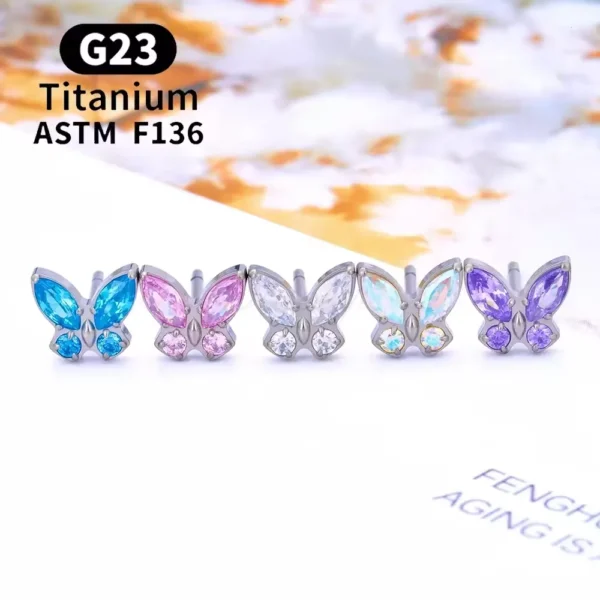 Daweys DSES012 Titanium Butterfly Zircon Stud Earrings Piercing Pin Ear Hoop Jewelry - Immagine 5