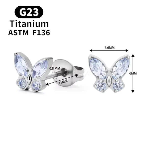 Daweys DSES012 Titanium Butterfly Zircon Stud Earrings Piercing Pin Ear Hoop Jewelry - Immagine 2