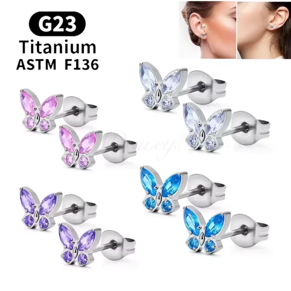 Daweys DSES012 Titanium Butterfly Zircon Stud Earrings Piercing Pin Ear Hoop Jewelry