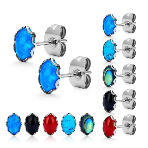 Daweys DSES015 Titanium Stud Earrings with Colorful Oval Gemstone Inlay Piercings - Immagine 6