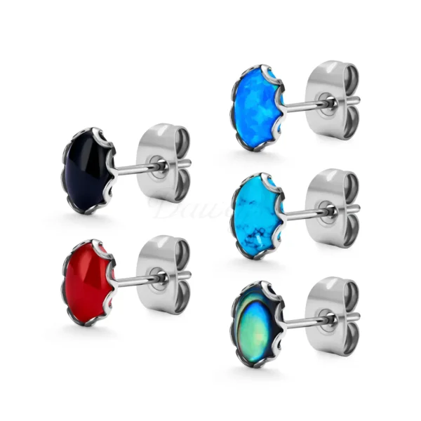 Daweys DSES015 Titanium Stud Earrings with Colorful Oval Gemstone Inlay Piercings
