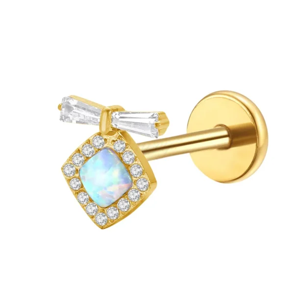 Daweys DS4266 Lip Stud Opal and Bow Design 18K Gold-Plated Titanium Jewelry Piercings