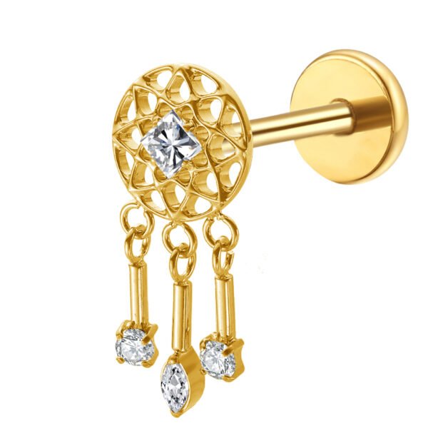 Daweys DS4274 Gold Dangle Labret Stud with Intricate Design and Sparkling Zirconia Charms