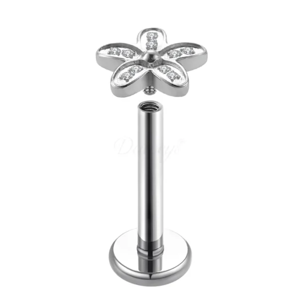 Daweys DS4280 Stud di labbro zircone in titanio con design dei fiori e accenti di diamanti eleganti, Ipoallergenico - Immagine 2