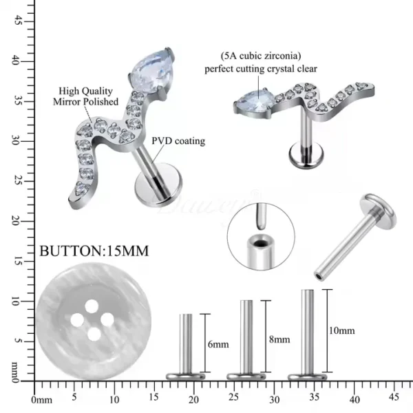 Daweys DS2010 Inlaid 5A Zirconia Snake-Shaped ASTM F136 Titanium Threadless Labret Lip Stud - Immagine 5