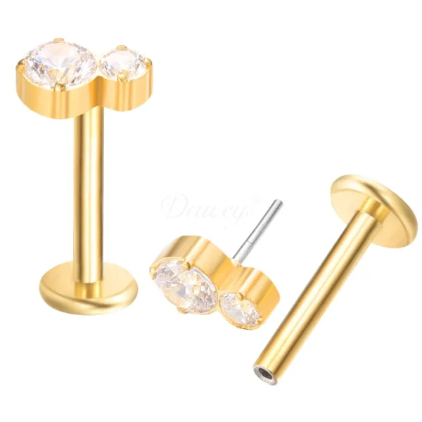 Daweys DS2020 Dual Zirconia Push-In Labret Elegant Titanium Threadless Piercing Jewelry Stud - Immagine 2