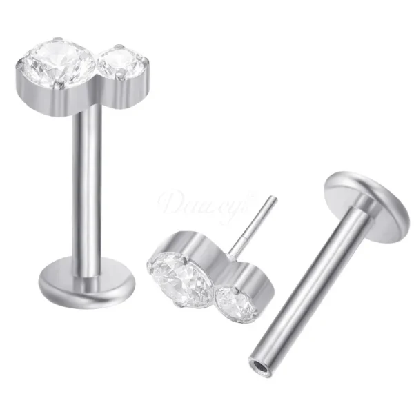 Daweys DS2020 Dual Zirconia Push-In Labret Elegant Titanium Threadless Piercing Jewelry Stud