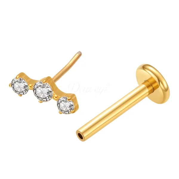 Daweys DS2025 Triple Zircon Row Plug Lip Piercing Elegant Sparkling Threadless Labret Jewelry. - Image 2