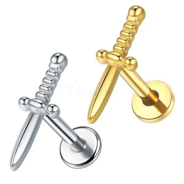 Daweys DS4339 ASTM F136 Titanium Labret with Sword Design for Lip, Helix, and Cartilage Piercing