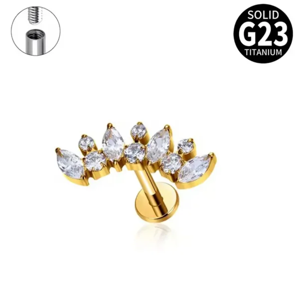 Daweys DS4342 G23 Titanium Internally Threaded Marquise CZ Fan-Shaped Cartilage Labret Stud - Image 4