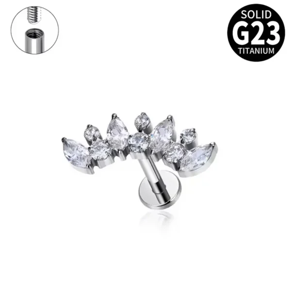 Daweys DS4342 G23 Titanium Internally Threaded Marquise CZ Fan-Shaped Cartilage Labret Stud - Image 5