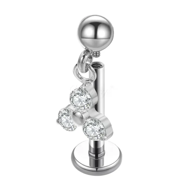 Daweys DS4350 Ball Chain Drop with 3 Zircon Stones ASTM F136 Titanium Lip Ear Stud Piercing Labrets - Predstavovať 2