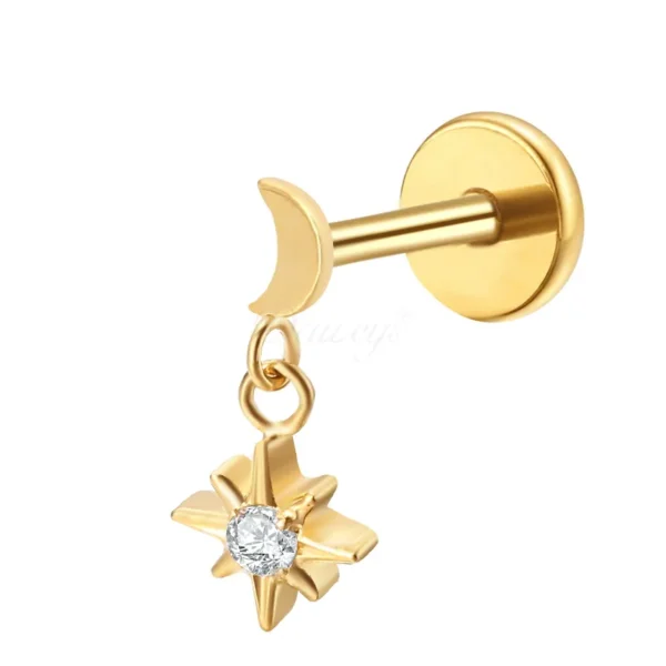 Daweys DS4352 Moon & Star Dangle Labret ASTM F136 Titanium Lip Stud Piercing Jewelry