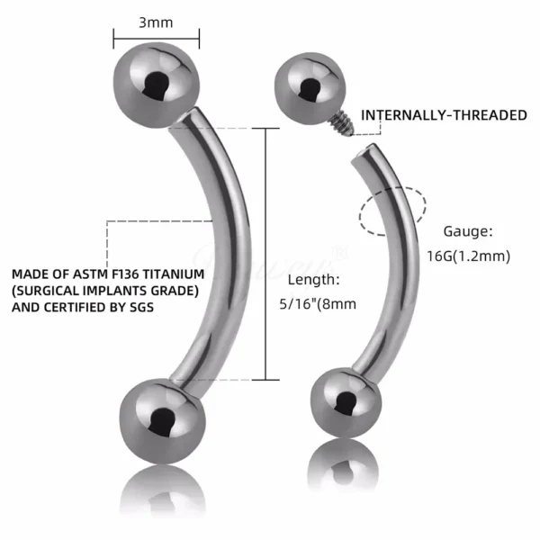 Daweys DS7010 ASTM F136 Titanium Internal Thread Eyebrow Stud Hypoallergenic Durable Piercing Jewelry - Bild 2