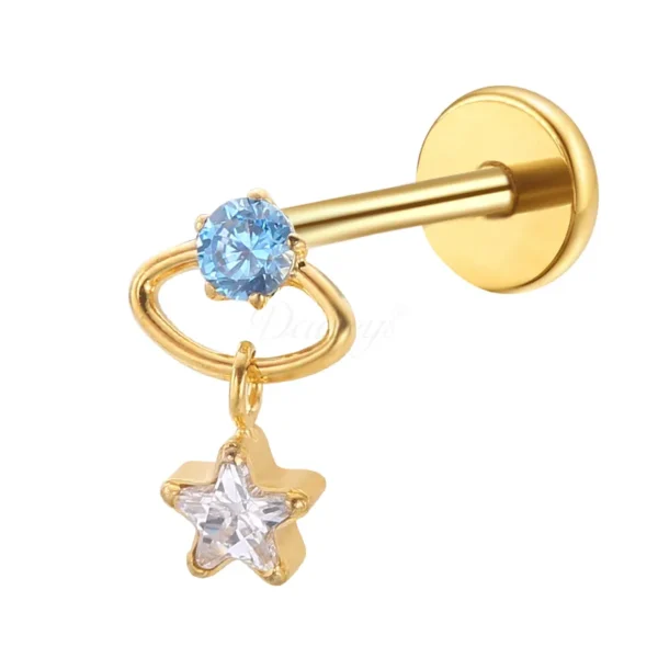 Daweys DS4272 Zircon Lip Stud – Gold Plated Jewelry with Star Charm and Blue Accent