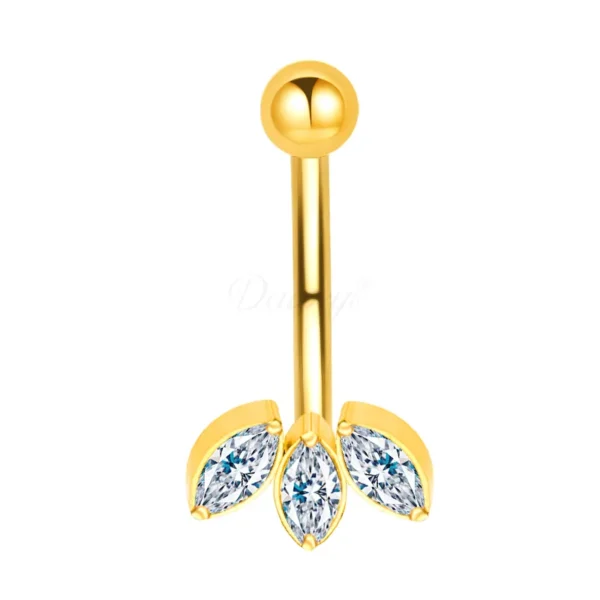 Daweys DS5012 Triple Leaf-Shaped Navel Ring Clear Gemstones Surgical Steel Belly Barbell - Image 2