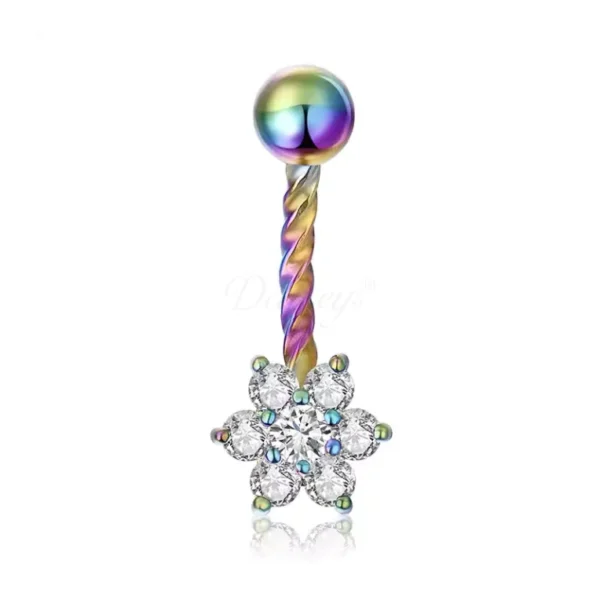 Daweys DS5020 Twisted Navel Piercing Sparkling Flower Design Crystal Stones Belly Rings - Image 3
