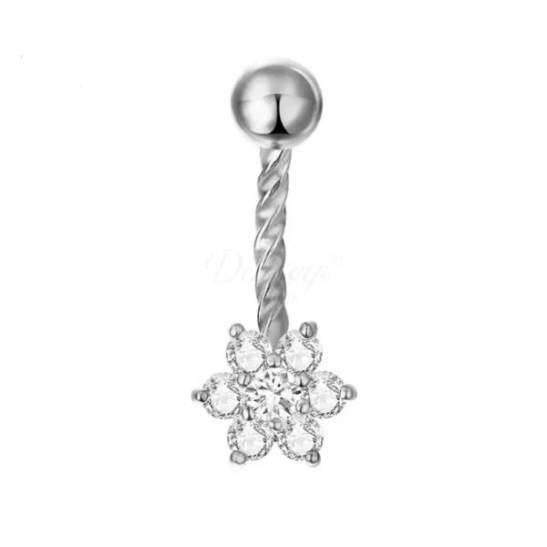 Daweys DS5020 Twisted Navel Piercing Sparkling Flower Design Crystal Stones Belly Rings