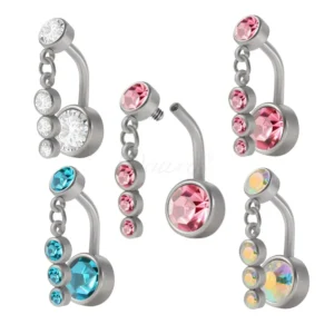 Daweys DS5027 Dangle Belly Button Ring with Triple Gem Design Titanium Curved Barbell Jewelry