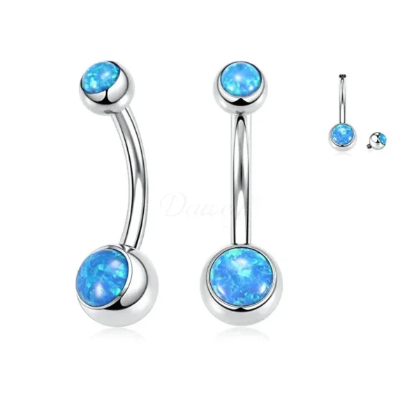 Daweys DS5031 G23 titanium belly button ring with synthetic blue opal top, internally threaded navel jewelry