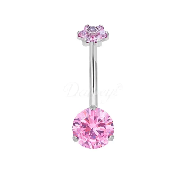 Daweys DS5041 flower top titanium belly button ring with large round CZ gem, internally threaded
