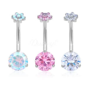 Daweys DS5041 flower top titanium belly button ring with large round CZ gem, internally threaded