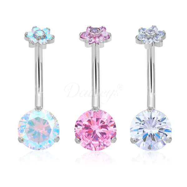 Daweys DS5041 flower top titanium belly button ring with large round CZ gem, internally threaded