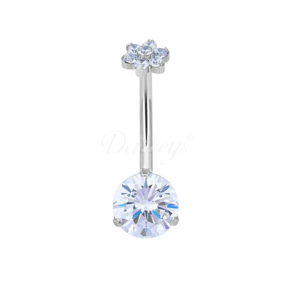 Daweys DS5041 flower top titanium belly button ring with large round CZ gem, internally threaded