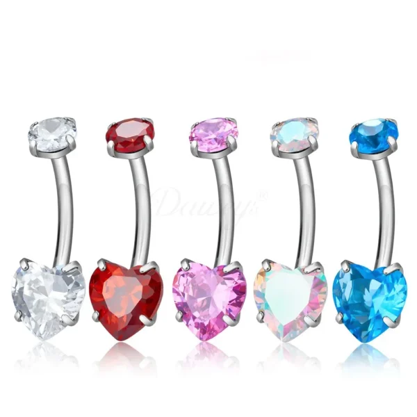 Daweys DS5042 heart-shaped titanium belly button ring with colorful CZ gemstones, internally threaded, hypoallergenic body jewelry for navel piercing