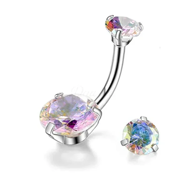 G23 Titanium Belly Button Ring with Double Aurora Zircon Crystals – Internally Threaded