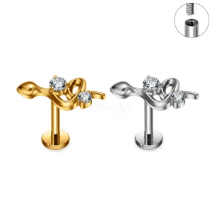 Daweys DS4363 Abstract Wave Lip Stud with CZ  Internally Threaded Titanium Labret Jewelry