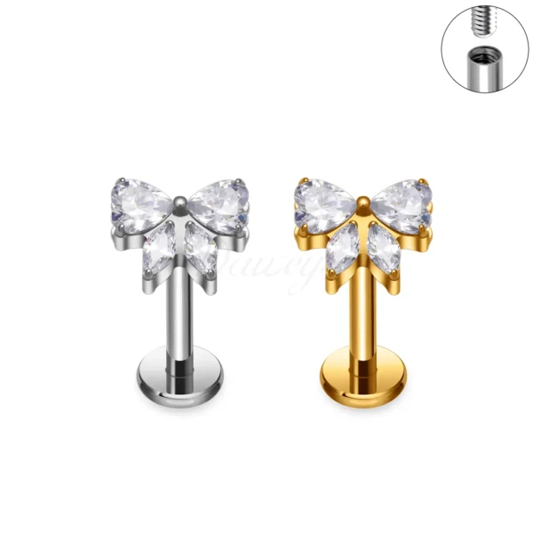 Daweys DS4372 Butterfly CZ Labret Stud Wewnętrznie gwintowana biżuteria do przekłuwania ust w tytan