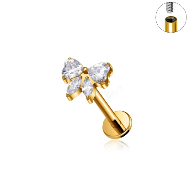 Daweys DS4372 Butterfly CZ Labret Stud Wewnętrznie gwintowana biżuteria do przekłuwania ust w tytan - Obraz 2