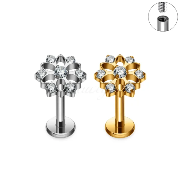 Daweys DS4373 Kwiat Labret Stud CZ Crystal Wewnętrznie gwintowana biżuteria do przekłuwania ust