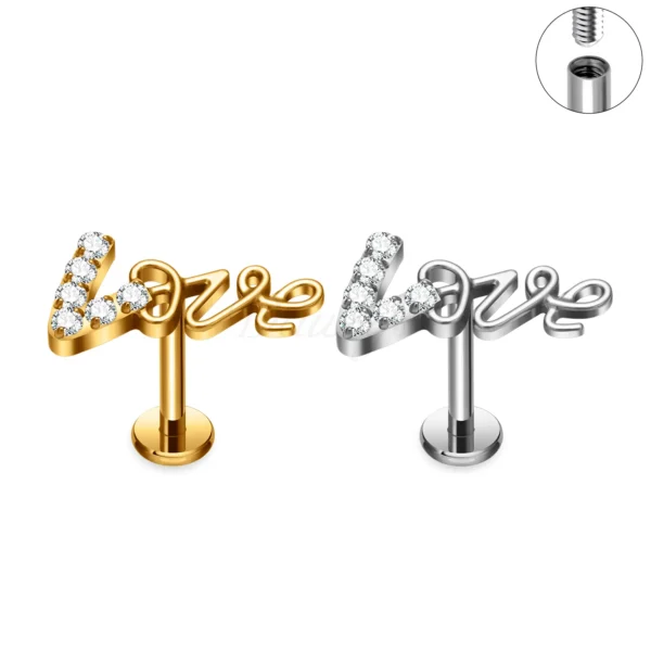 Daweys DS4376 Titanium Lip Labret Stud with CZ ‘Love’ Script Internally Threaded Design