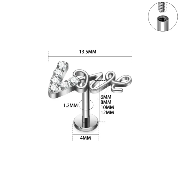 Daweys DS4376 Titanium Lip Labret Stud with CZ ‘Love’ Script Internally Threaded Design - Image 4