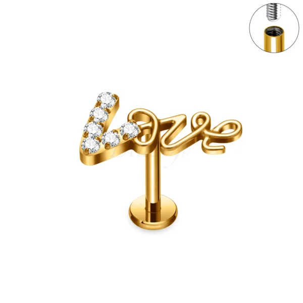 Daweys DS4376 Titanium Lip Labret Stud with CZ ‘Love’ Script Internally Threaded Design - Image 3