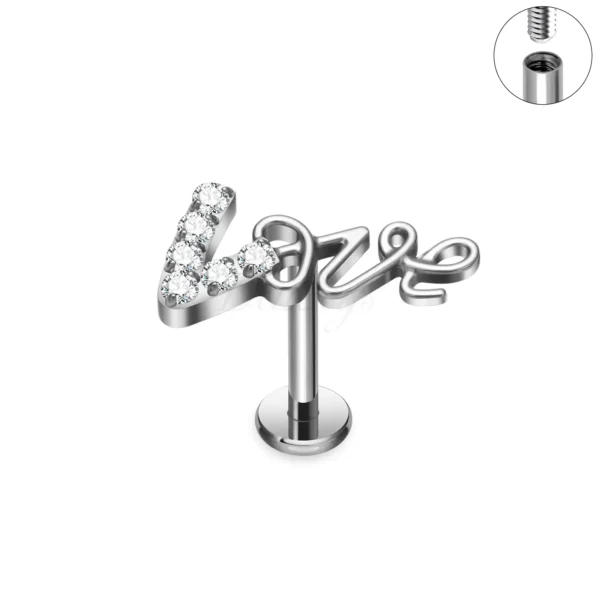 Daweys DS4376 Titanium Lip Labret Stud with CZ ‘Love’ Script Internally Threaded Design - Image 2