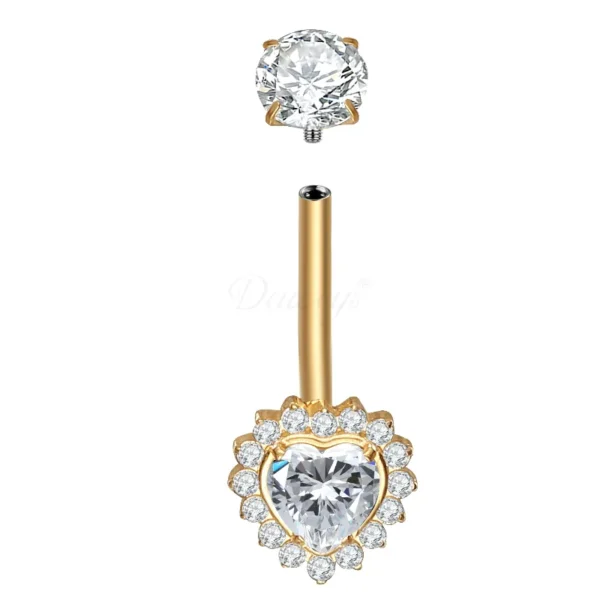 Daweys DS5050 Navel Ring Heart-Shaped CZ Center and Halo Crystal Design Belly Button Jewelry - Immagine 2