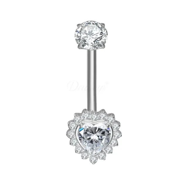Daweys DS5050 Navel Ring Heart-Shaped CZ Center and Halo Crystal Design Belly Button Jewelry