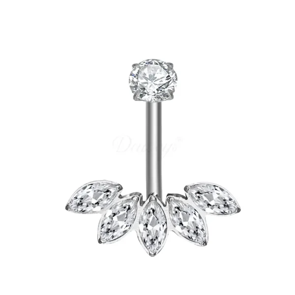 Daweys DS5052 Lotus Fan CZ Navel Ring with Round Top Gem Internally Threaded Belly Button Jewelry
