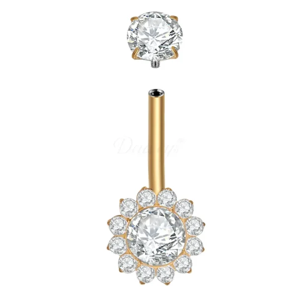Buy Daweys DS5049 titanium belly button ring with flower-shaped CZ halo, internally threaded, hypoallergenic, made from ASTM F136 implant-grade titanium for belly piercings