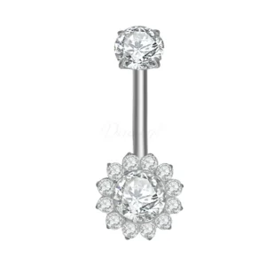 Buy Daweys DS5049 titanium belly button ring with flower-shaped CZ halo, internally threaded, hypoallergenic, made from ASTM F136 implant-grade titanium for belly piercings