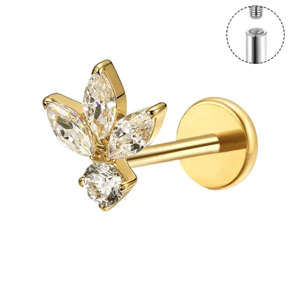 DS4426 gold flower crystal titanium internally threaded lip stud piercing jewelry by Daweys