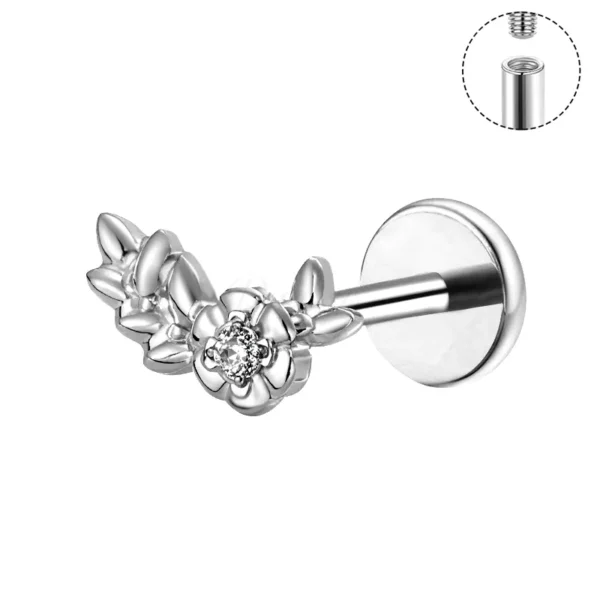 DS4436 ASTM F136 titanium flower leaf labret stud with crystal center