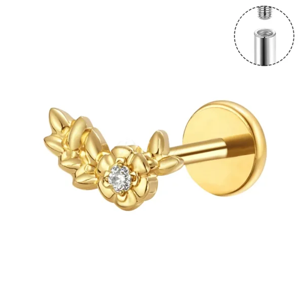 DS4436 ASTM F136 titanium flower leaf labret stud with crystal center