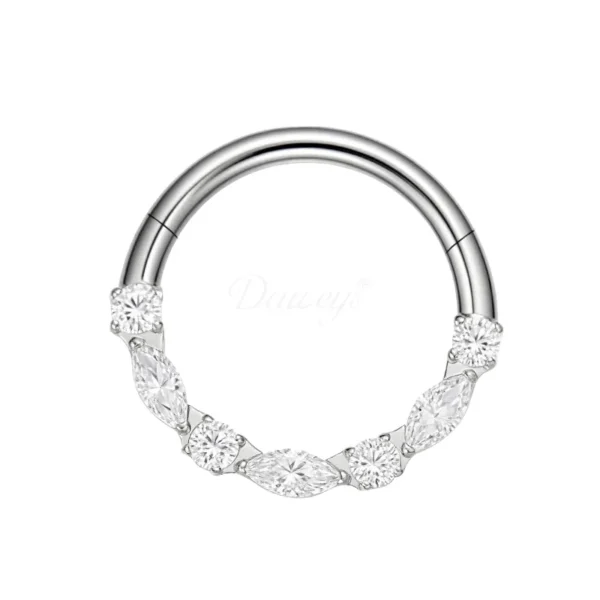 DS6166 ASTM F136 titanium nose ring hoop with marquise and round crystals, hypoallergenic piercing jewelry.