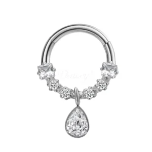 ASTM F136 titanium nose ring with cubic zirconia and teardrop crystal charm